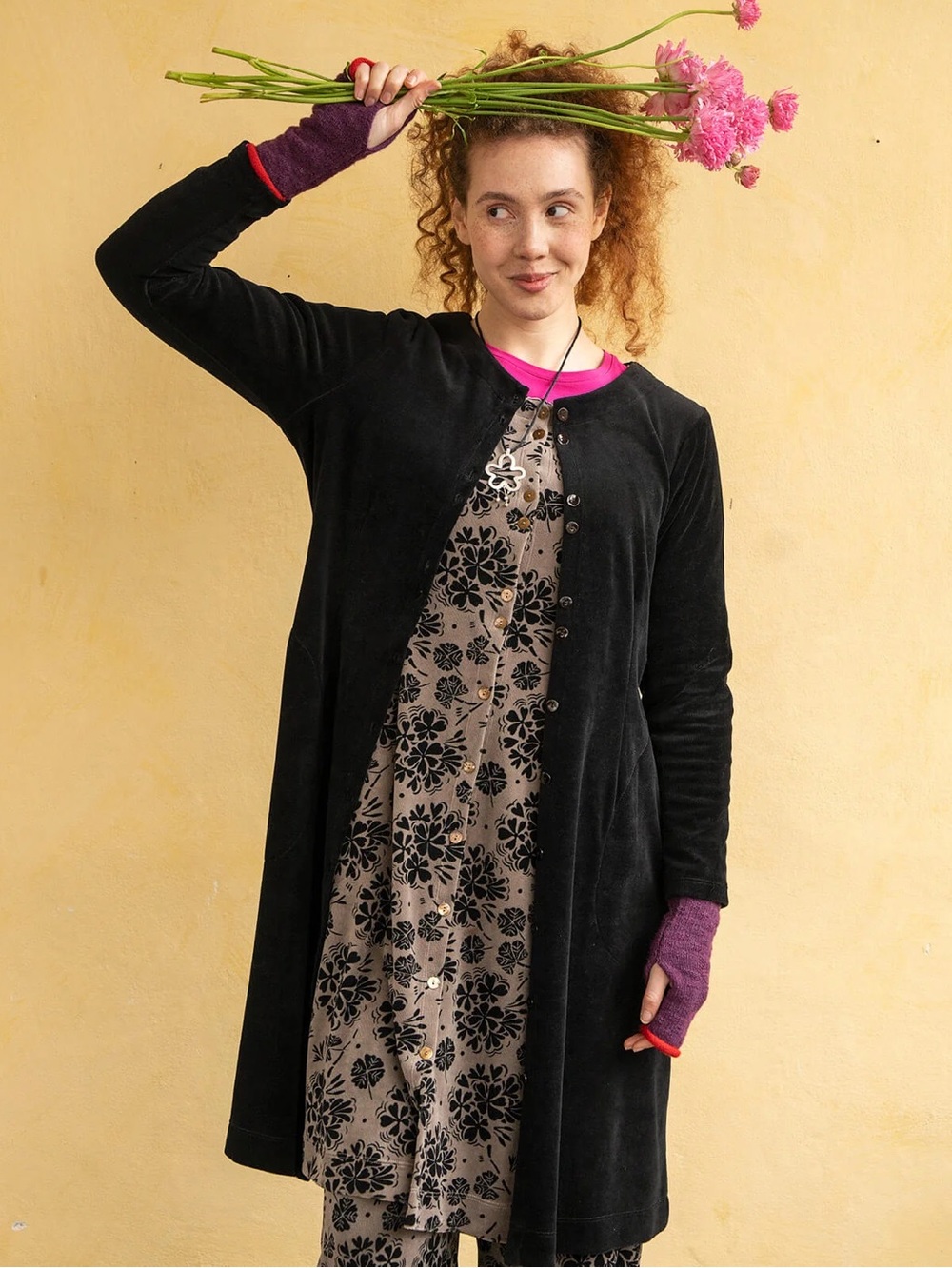 Gudrun Sjödén Selma Midi Coat/Dress in Black Velour L/S NWT Size Large